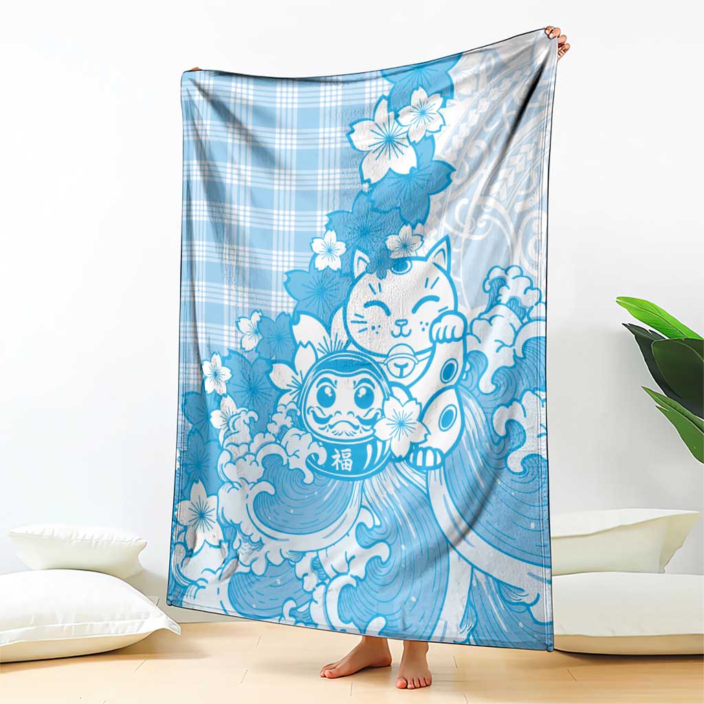 Blue Palaka Hawaiian And Japanese Blanket Maneki Neko And Sakura Bloom
