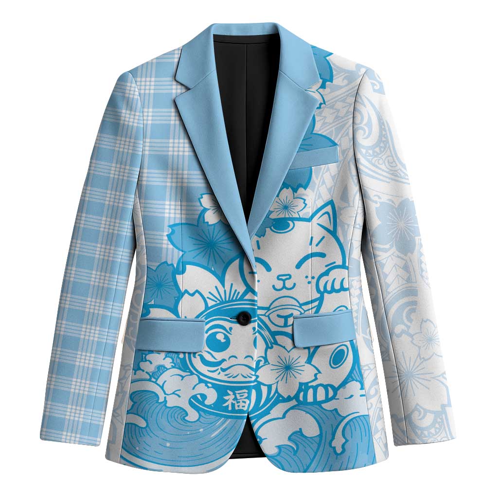 Blue Palaka Hawaiian And Japanese Blazer Maneki Neko And Sakura Bloom