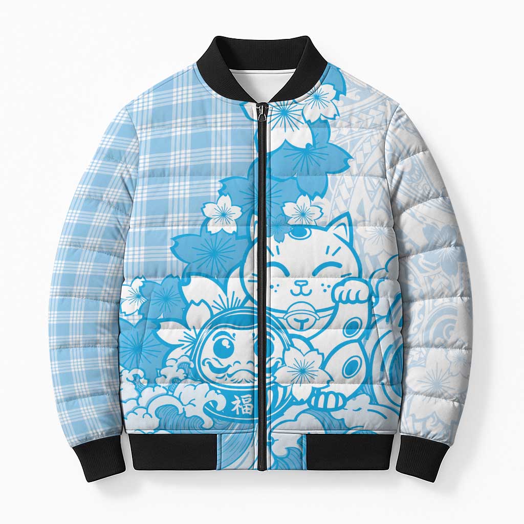 Blue Palaka Hawaiian And Japanese Bomber Puffer Jacket Maneki Neko And Sakura Bloom