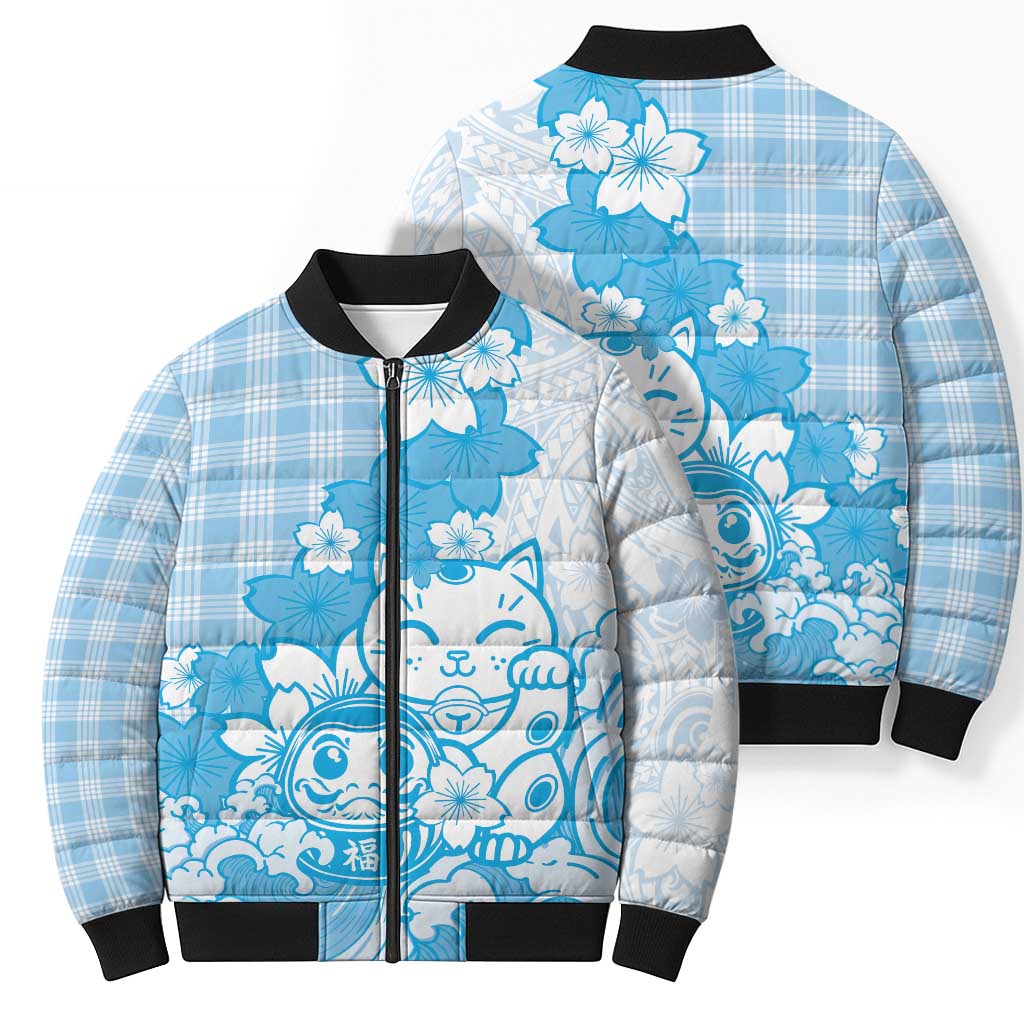 Blue Palaka Hawaiian And Japanese Bomber Puffer Jacket Maneki Neko And Sakura Bloom