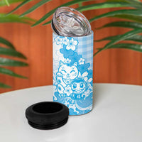 Blue Palaka Hawaiian And Japanese 4 in 1 Can Cooler Tumbler Maneki Neko And Sakura Bloom