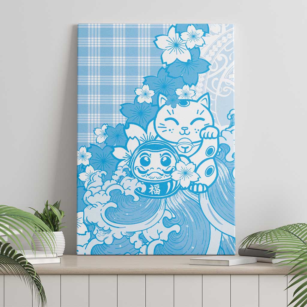 Blue Palaka Hawaiian And Japanese Canvas Wall Art Maneki Neko And Sakura Bloom
