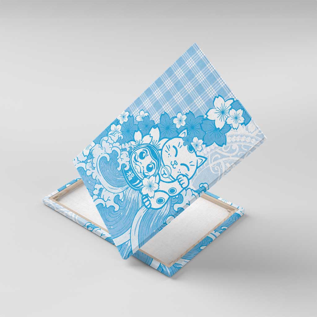 Blue Palaka Hawaiian And Japanese Canvas Wall Art Maneki Neko And Sakura Bloom