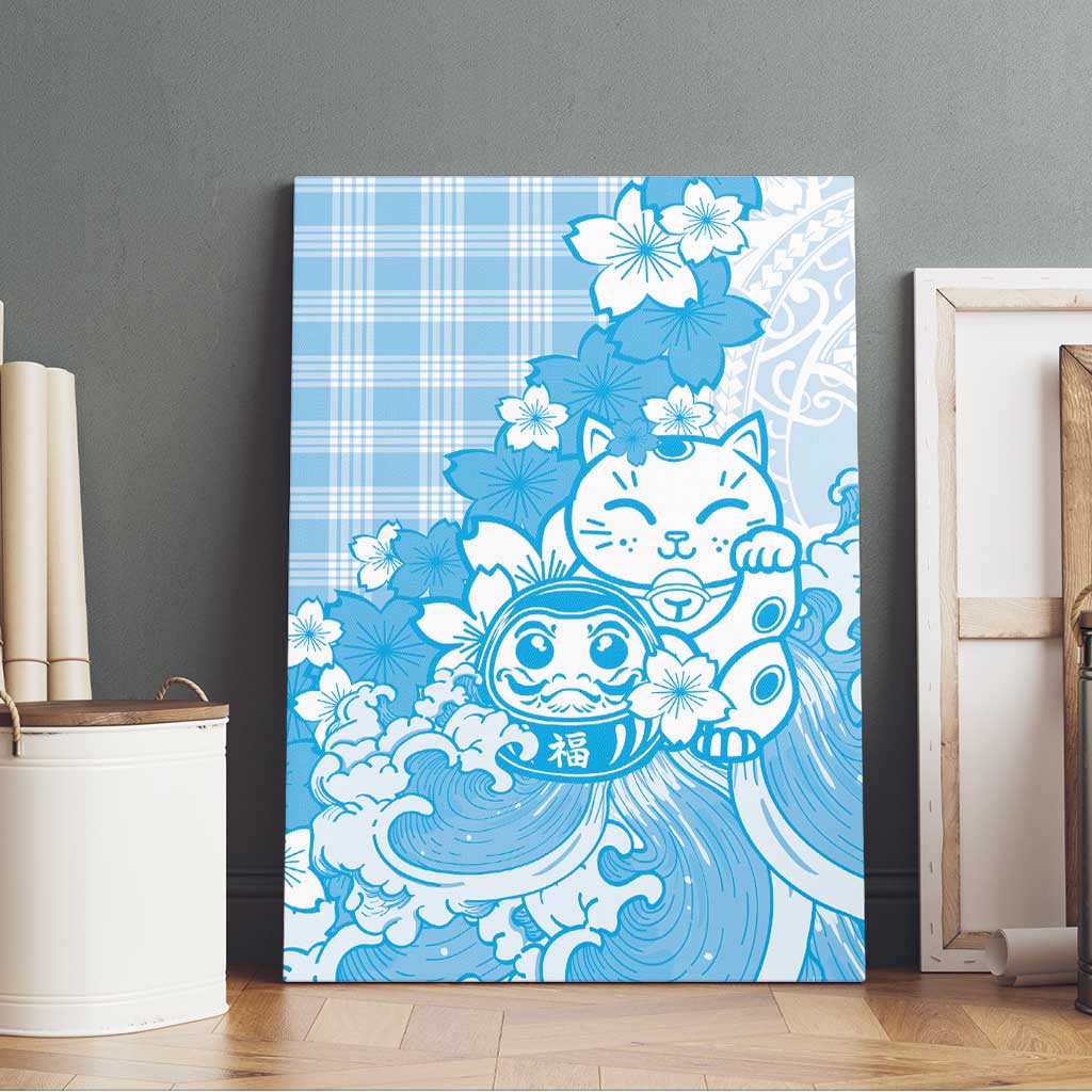 Blue Palaka Hawaiian And Japanese Canvas Wall Art Maneki Neko And Sakura Bloom