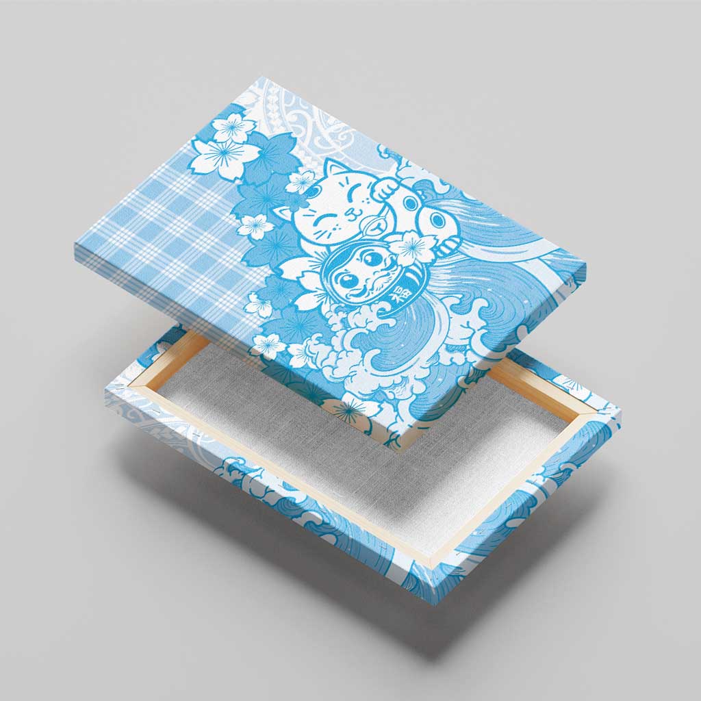 Blue Palaka Hawaiian And Japanese Canvas Wall Art Maneki Neko And Sakura Bloom