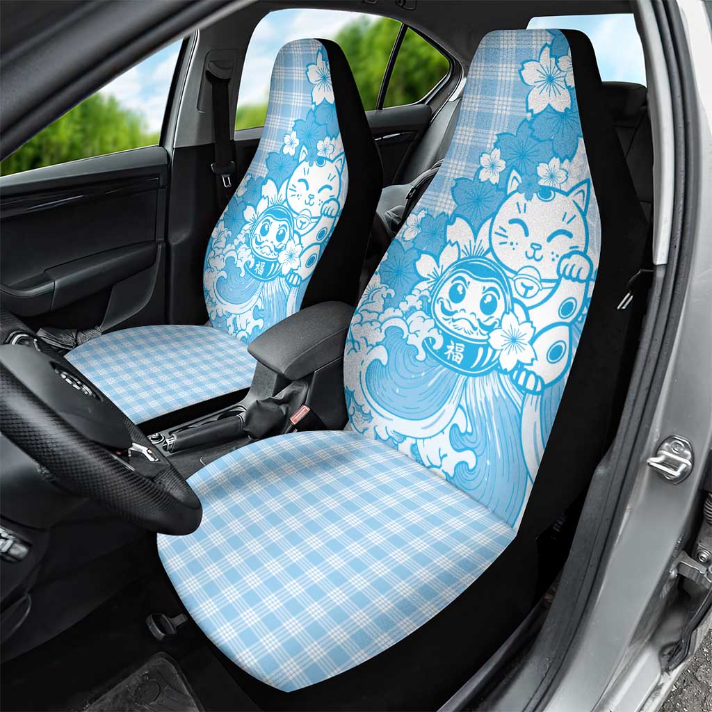 Blue Palaka Hawaiian And Japanese Car Seat Cover Maneki Neko And Sakura Bloom