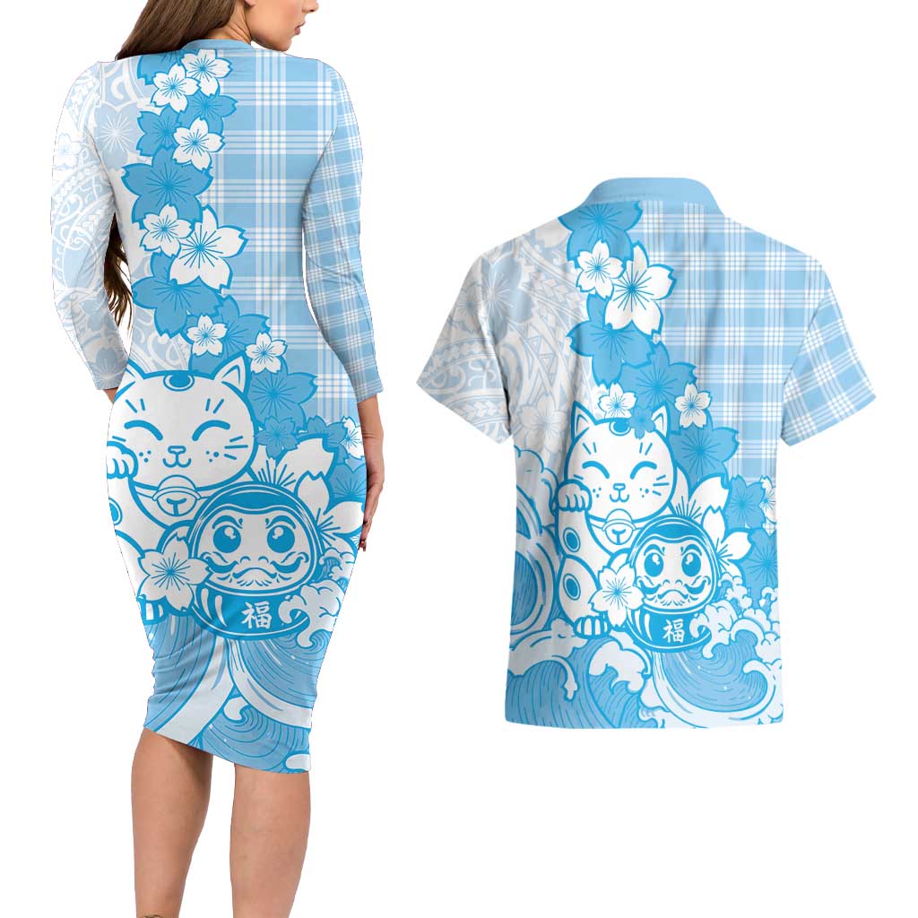 Blue Palaka Hawaiian And Japanese Couples Matching Long Sleeve Bodycon Dress and Hawaiian Shirt Maneki Neko And Sakura Bloom DT05 - Polynesian Pride