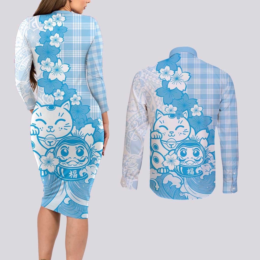 Blue Palaka Hawaiian And Japanese Couples Matching Long Sleeve Bodycon Dress and Long Sleeve Button Shirt Maneki Neko And Sakura Bloom