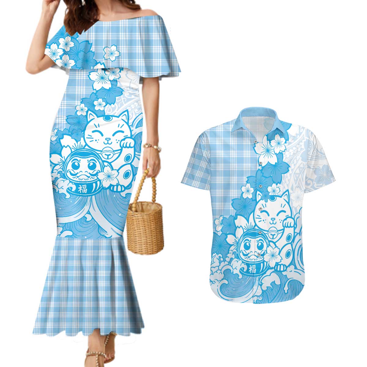 Blue Palaka Hawaiian And Japanese Couples Matching Mermaid Dress and Hawaiian Shirt Maneki Neko And Sakura Bloom DT05 Blue - Polynesian Pride