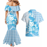 Blue Palaka Hawaiian And Japanese Couples Matching Mermaid Dress and Hawaiian Shirt Maneki Neko And Sakura Bloom DT05 - Polynesian Pride