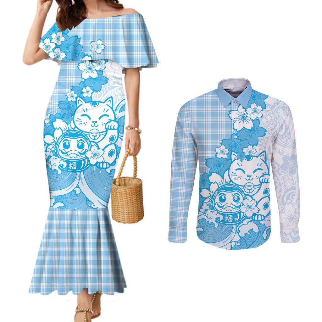Blue Palaka Hawaiian And Japanese Couples Matching Mermaid Dress and Long Sleeve Button Shirt Maneki Neko And Sakura Bloom