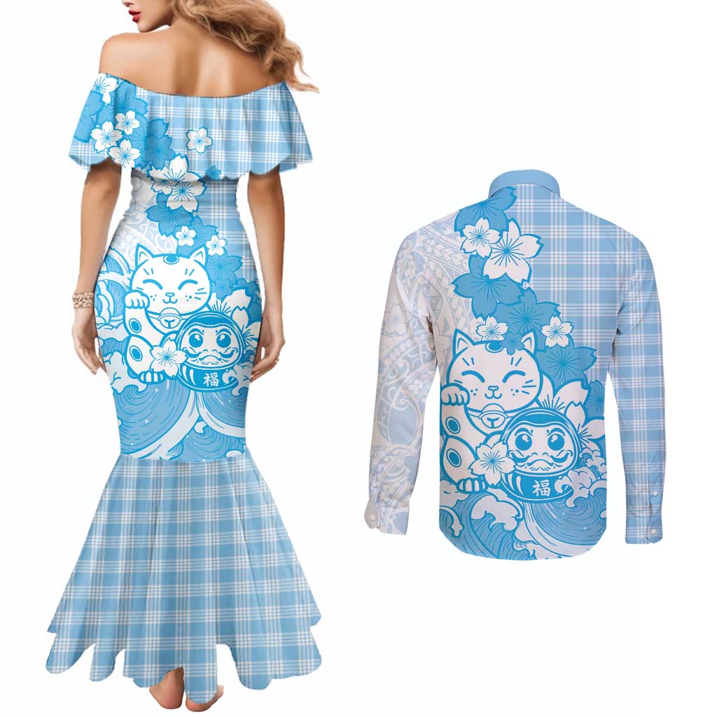 Blue Palaka Hawaiian And Japanese Couples Matching Mermaid Dress and Long Sleeve Button Shirt Maneki Neko And Sakura Bloom