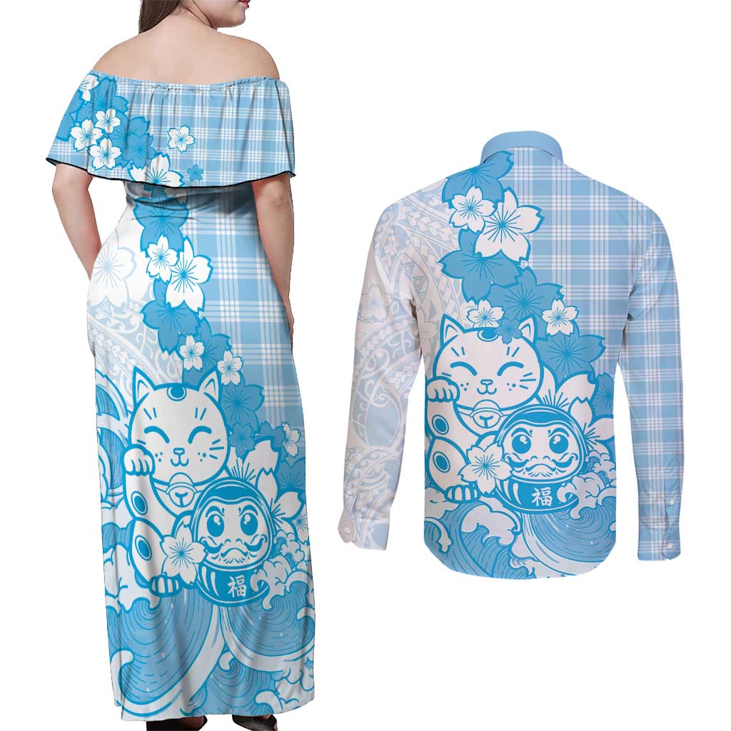 Blue Palaka Hawaiian And Japanese Couples Matching Off Shoulder Maxi Dress and Long Sleeve Button Shirt Maneki Neko And Sakura Bloom