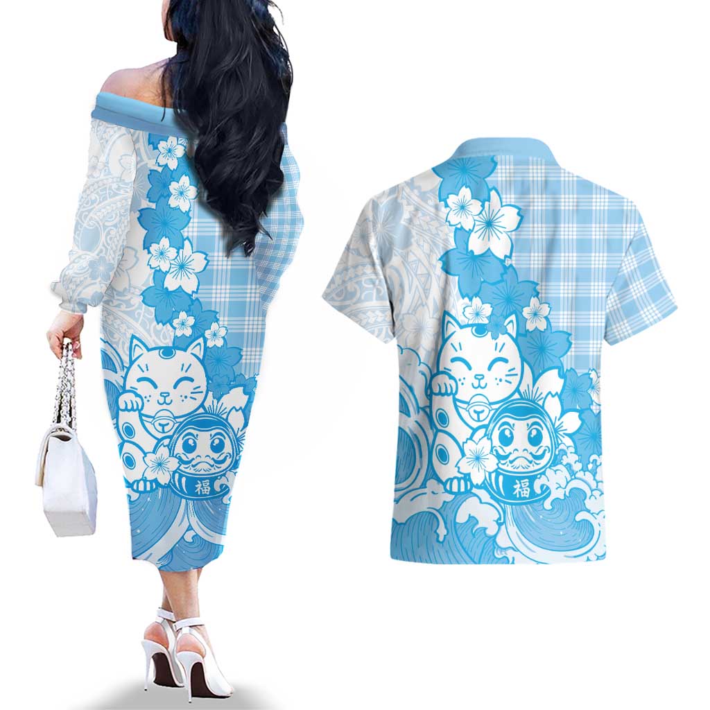 Blue Palaka Hawaiian And Japanese Couples Matching Off The Shoulder Long Sleeve Dress and Hawaiian Shirt Maneki Neko And Sakura Bloom DT05 - Polynesian Pride