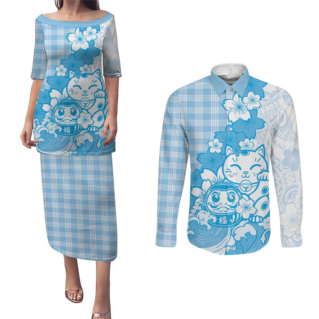 Blue Palaka Hawaiian And Japanese Couples Matching Puletasi and Long Sleeve Button Shirt Maneki Neko And Sakura Bloom