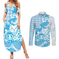 Blue Palaka Hawaiian And Japanese Couples Matching Summer Maxi Dress and Long Sleeve Button Shirt Maneki Neko And Sakura Bloom