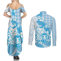 Blue Palaka Hawaiian And Japanese Couples Matching Summer Maxi Dress and Long Sleeve Button Shirt Maneki Neko And Sakura Bloom
