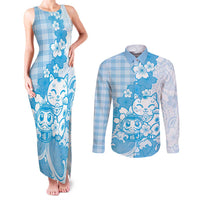 Blue Palaka Hawaiian And Japanese Couples Matching Tank Maxi Dress and Long Sleeve Button Shirt Maneki Neko And Sakura Bloom
