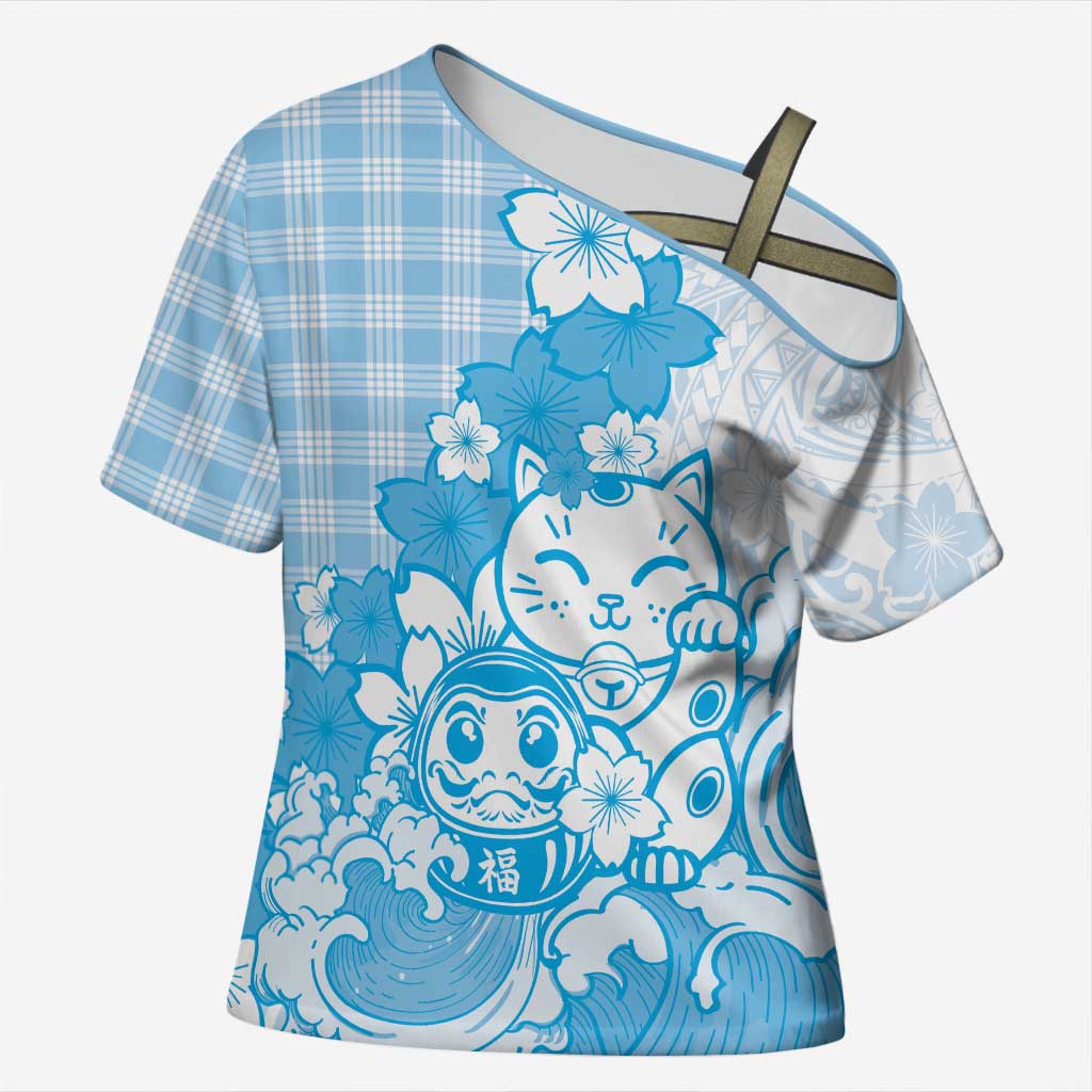 Blue Palaka Hawaiian And Japanese Cross Shoulder Shirt Maneki Neko And Sakura Bloom