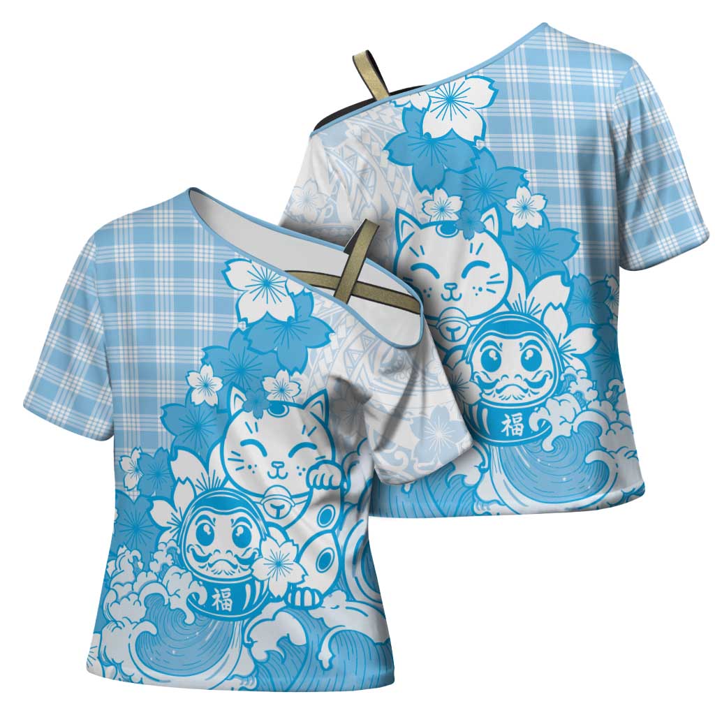 Blue Palaka Hawaiian And Japanese Cross Shoulder Shirt Maneki Neko And Sakura Bloom