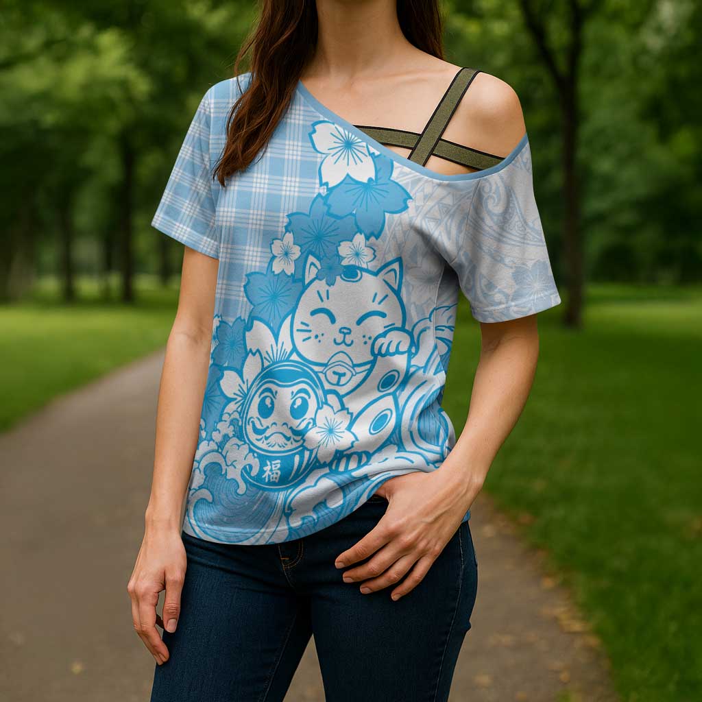 Blue Palaka Hawaiian And Japanese Cross Shoulder Shirt Maneki Neko And Sakura Bloom
