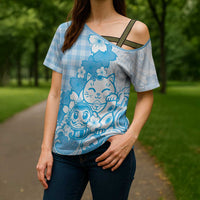 Blue Palaka Hawaiian And Japanese Cross Shoulder Shirt Maneki Neko And Sakura Bloom