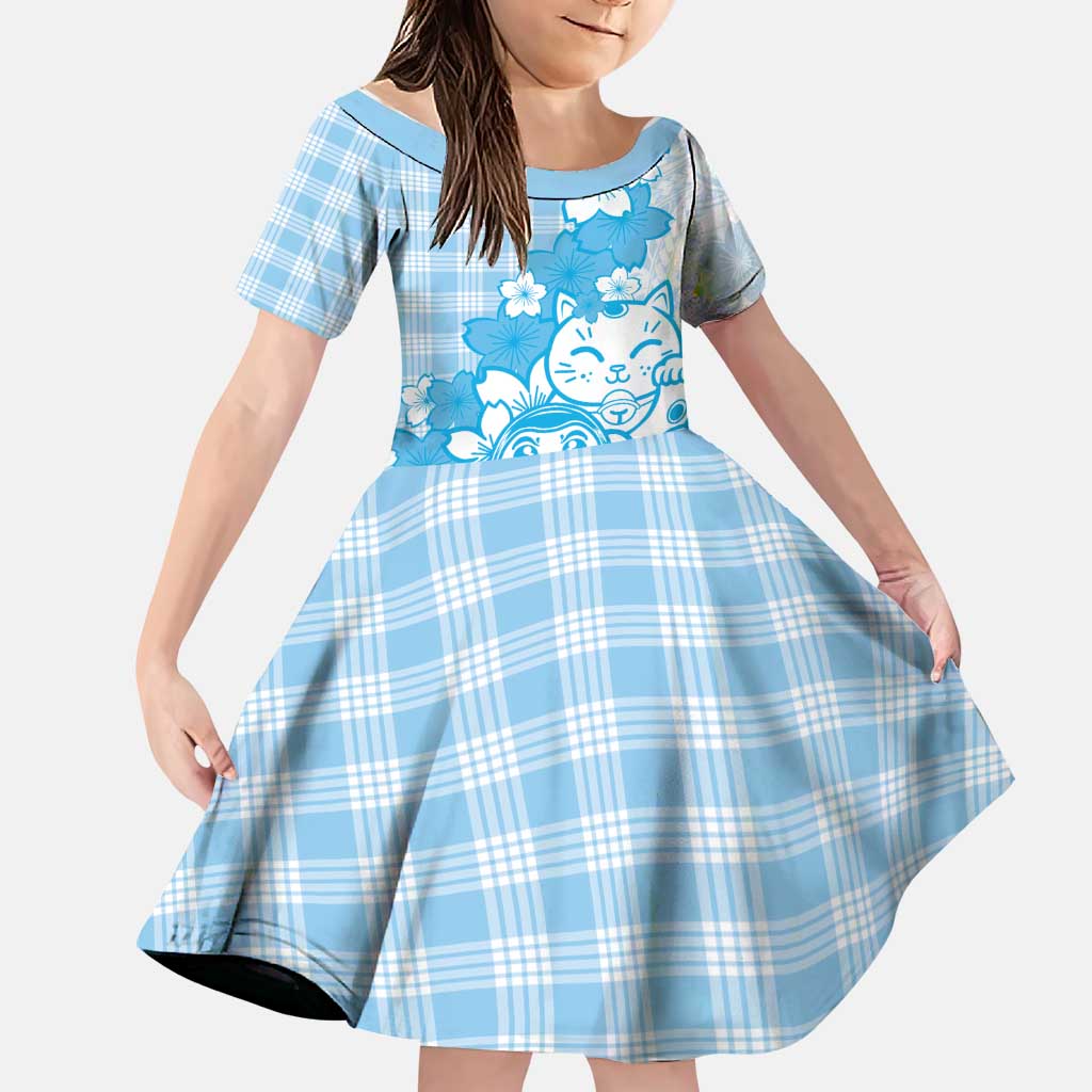 Blue Palaka Hawaiian And Japanese Family Matching Long Sleeve Bodycon Dress and Hawaiian Shirt Maneki Neko And Sakura Bloom DT05 Daughter's Dress Blue - Polynesian Pride