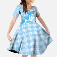Blue Palaka Hawaiian And Japanese Family Matching Long Sleeve Bodycon Dress and Hawaiian Shirt Maneki Neko And Sakura Bloom DT05 Daughter's Dress Blue - Polynesian Pride