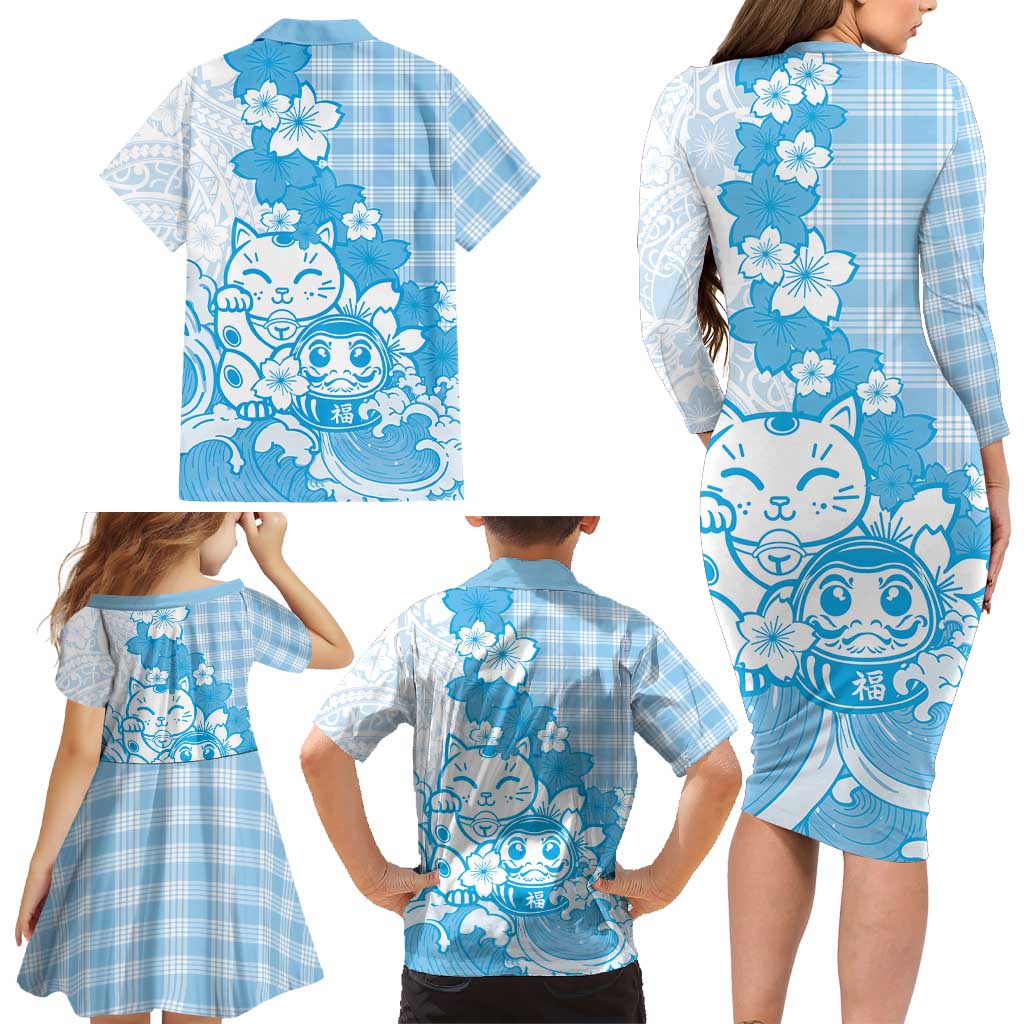 Blue Palaka Hawaiian And Japanese Family Matching Long Sleeve Bodycon Dress and Hawaiian Shirt Maneki Neko And Sakura Bloom DT05 - Polynesian Pride