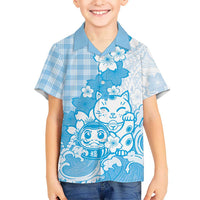 Blue Palaka Hawaiian And Japanese Family Matching Long Sleeve Bodycon Dress and Hawaiian Shirt Maneki Neko And Sakura Bloom DT05 Son's Shirt Blue - Polynesian Pride