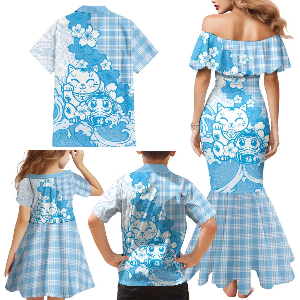 Blue Palaka Hawaiian And Japanese Family Matching Mermaid Dress and Hawaiian Shirt Maneki Neko And Sakura Bloom DT05 - Polynesian Pride