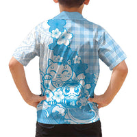 Blue Palaka Hawaiian And Japanese Family Matching Off Shoulder Maxi Dress and Hawaiian Shirt Maneki Neko And Sakura Bloom DT05 - Polynesian Pride