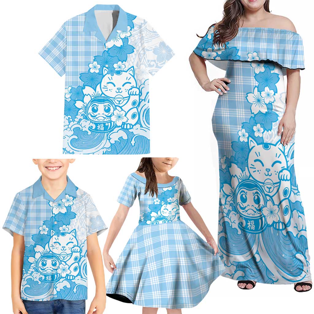 Blue Palaka Hawaiian And Japanese Family Matching Off Shoulder Maxi Dress and Hawaiian Shirt Maneki Neko And Sakura Bloom DT05 - Polynesian Pride