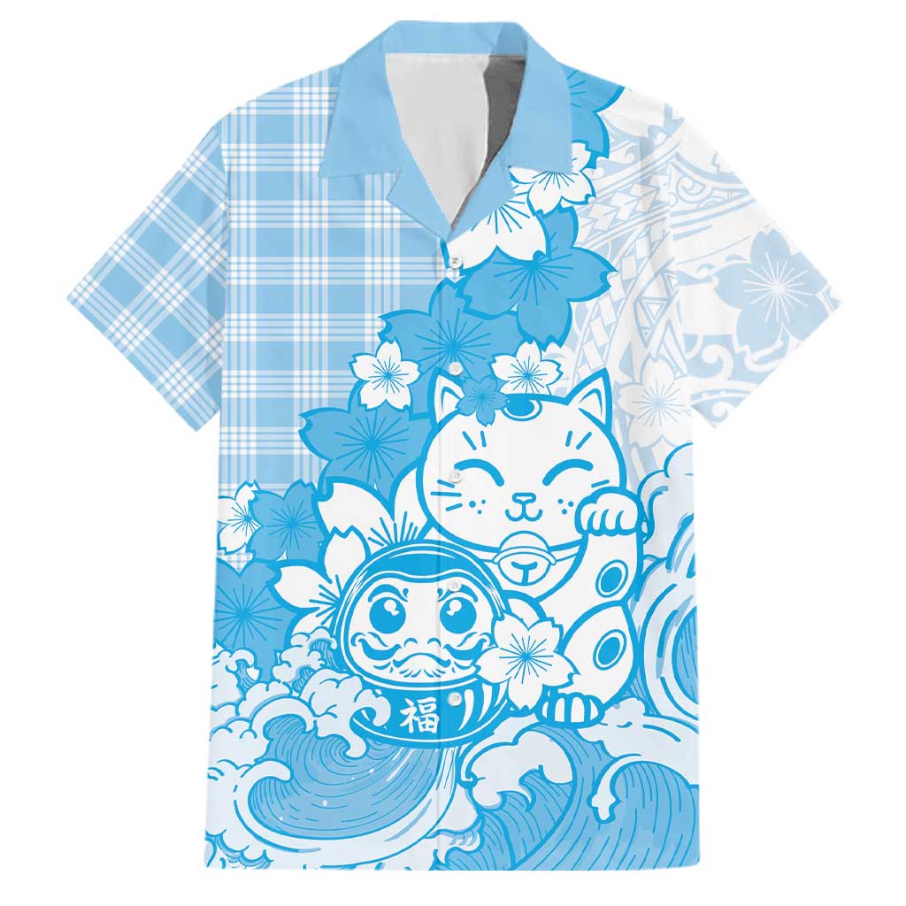 Blue Palaka Hawaiian And Japanese Family Matching Off Shoulder Maxi Dress and Hawaiian Shirt Maneki Neko And Sakura Bloom DT05 Dad's Shirt - Short Sleeve Blue - Polynesian Pride