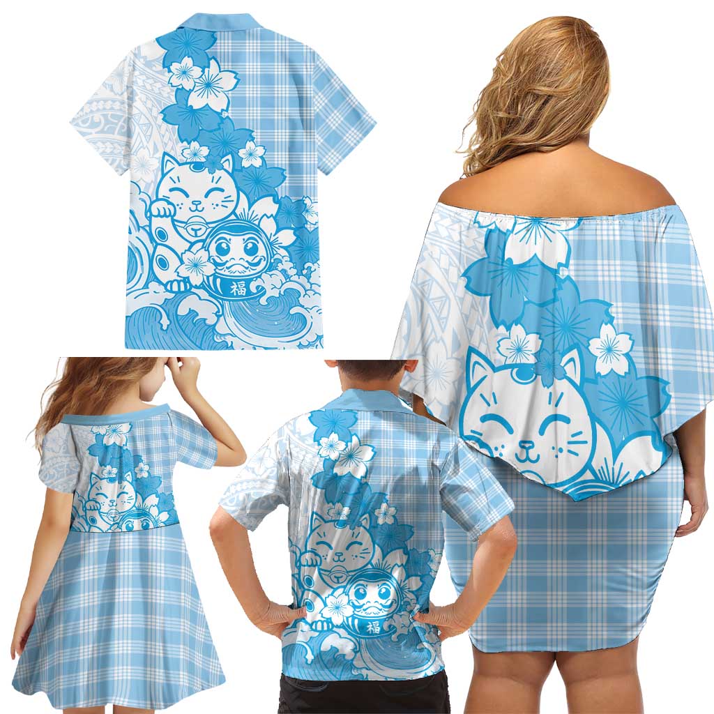 Blue Palaka Hawaiian And Japanese Family Matching Off Shoulder Short Dress and Hawaiian Shirt Maneki Neko And Sakura Bloom DT05 - Polynesian Pride