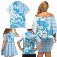 Blue Palaka Hawaiian And Japanese Family Matching Off Shoulder Short Dress and Hawaiian Shirt Maneki Neko And Sakura Bloom DT05 - Polynesian Pride