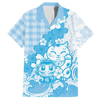 Blue Palaka Hawaiian And Japanese Family Matching Off Shoulder Short Dress and Hawaiian Shirt Maneki Neko And Sakura Bloom DT05 Dad's Shirt - Short Sleeve Blue - Polynesian Pride