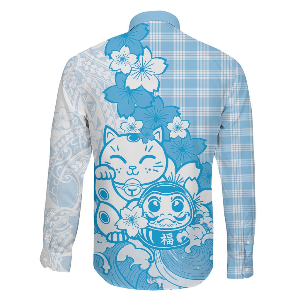 Blue Palaka Hawaiian And Japanese Family Matching Off Shoulder Short Dress and Hawaiian Shirt Maneki Neko And Sakura Bloom DT05 - Polynesian Pride