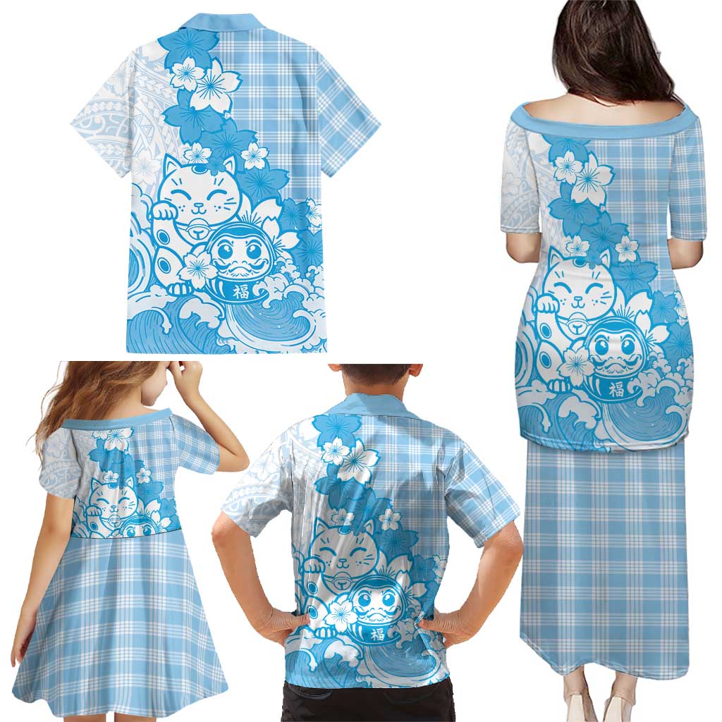 Blue Palaka Hawaiian And Japanese Family Matching Puletasi and Hawaiian Shirt Maneki Neko And Sakura Bloom DT05 - Polynesian Pride