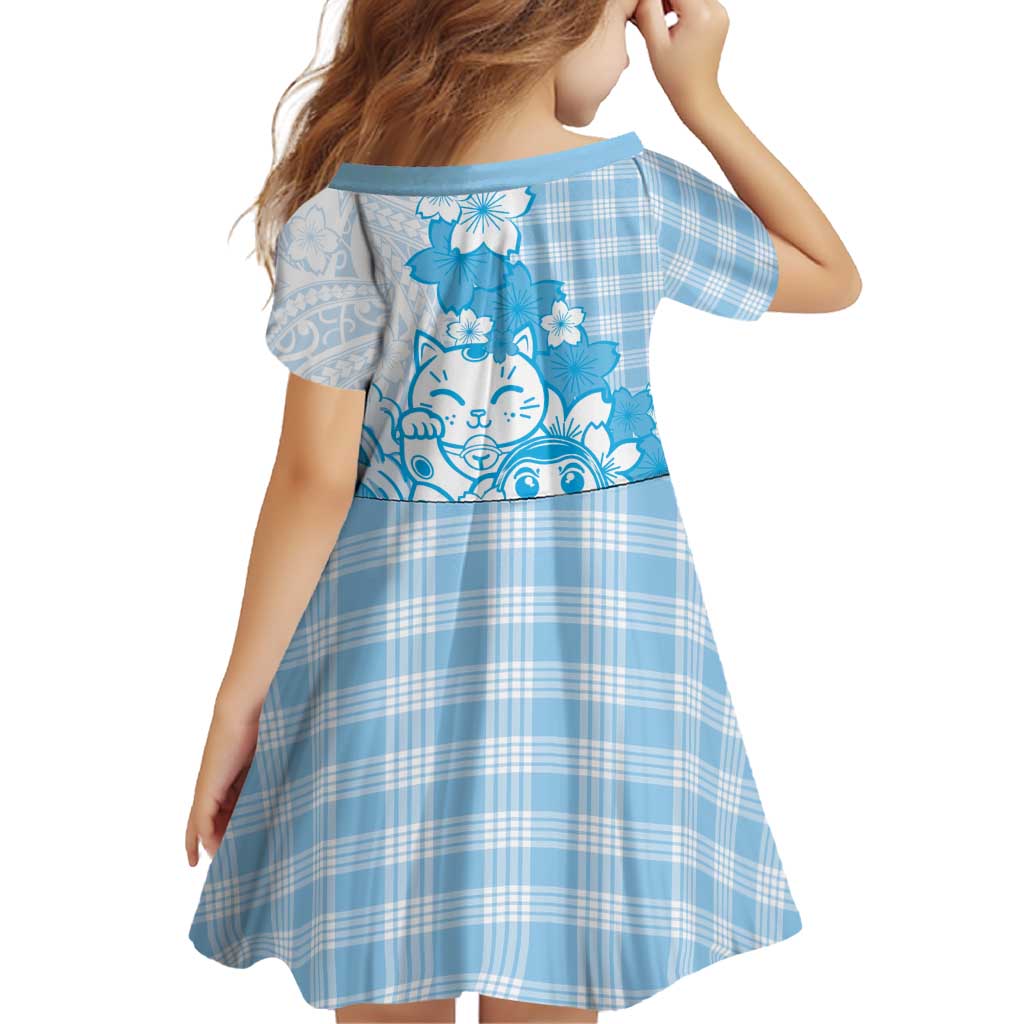 Blue Palaka Hawaiian And Japanese Family Matching Short Sleeve Bodycon Dress and Hawaiian Shirt Maneki Neko And Sakura Bloom DT05 - Polynesian Pride