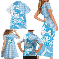 Blue Palaka Hawaiian And Japanese Family Matching Short Sleeve Bodycon Dress and Hawaiian Shirt Maneki Neko And Sakura Bloom DT05 - Polynesian Pride