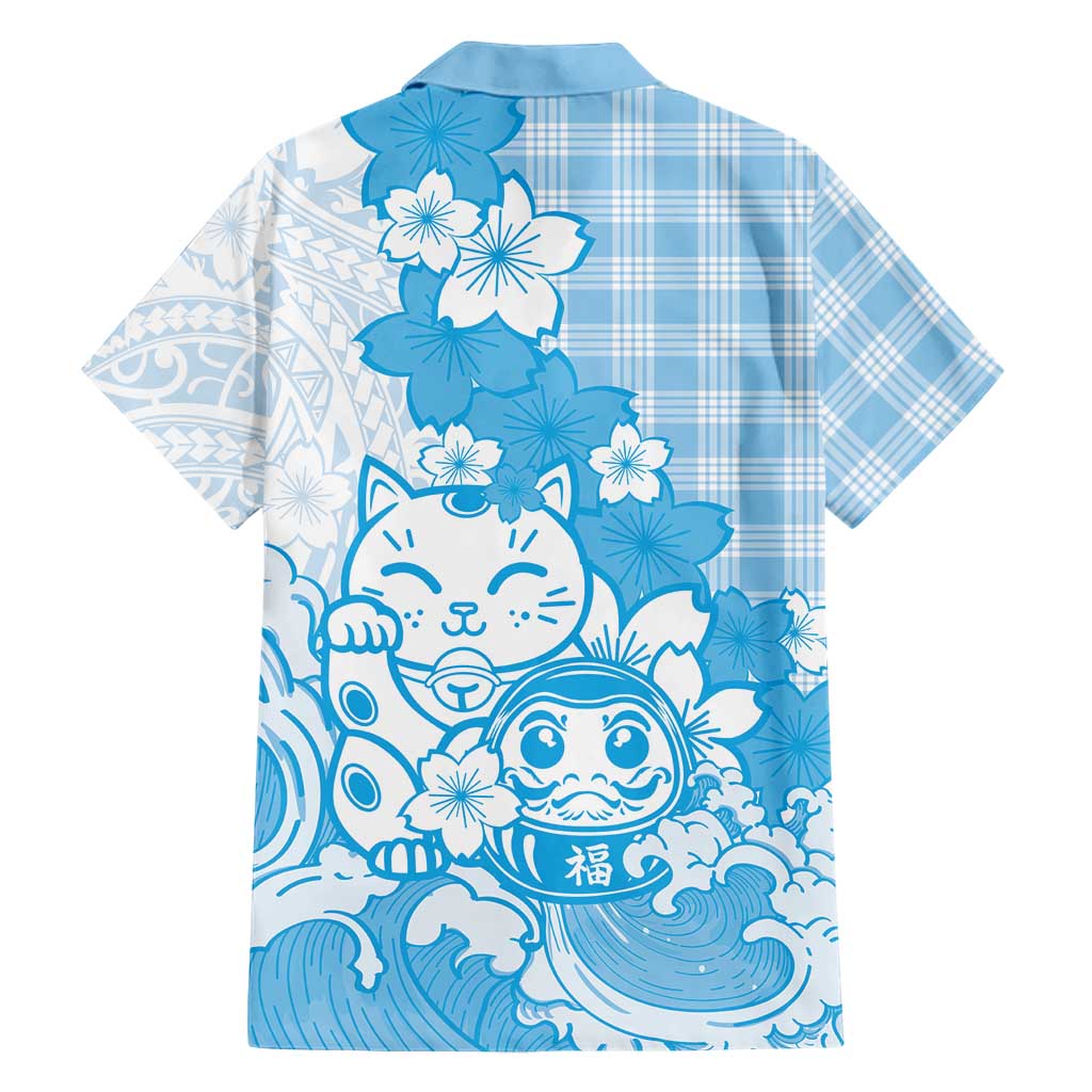 Blue Palaka Hawaiian And Japanese Family Matching Summer Maxi Dress and Hawaiian Shirt Maneki Neko And Sakura Bloom DT05 - Polynesian Pride