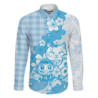 Blue Palaka Hawaiian And Japanese Family Matching Summer Maxi Dress and Hawaiian Shirt Maneki Neko And Sakura Bloom DT05 Dad's Shirt - Long Sleeve Blue - Polynesian Pride