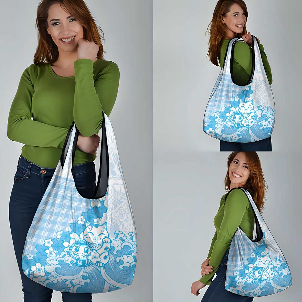 Blue Palaka Hawaiian And Japanese Grocery Bag Maneki Neko And Sakura Bloom