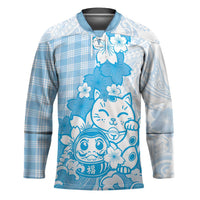 Blue Palaka Hawaiian And Japanese Hockey Jersey Maneki Neko And Sakura Bloom