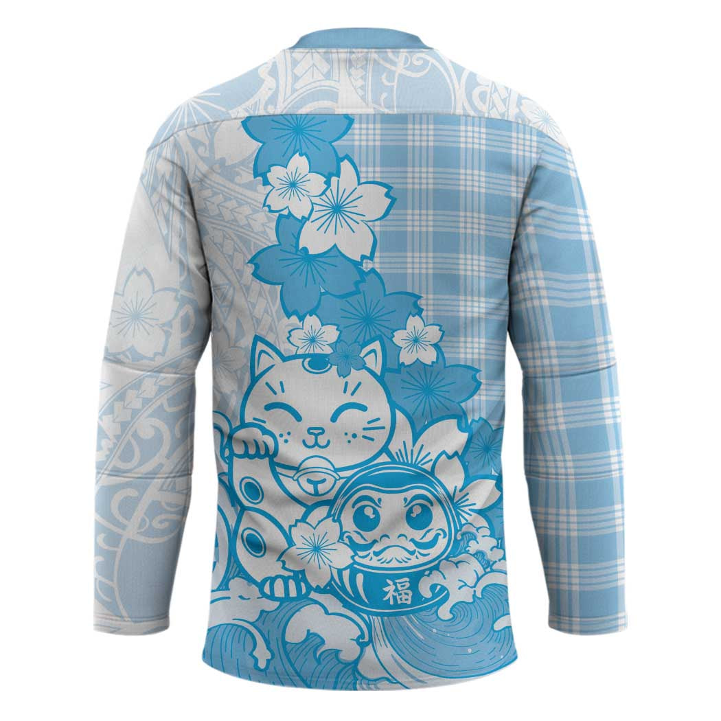 Blue Palaka Hawaiian And Japanese Hockey Jersey Maneki Neko And Sakura Bloom