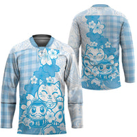 Blue Palaka Hawaiian And Japanese Hockey Jersey Maneki Neko And Sakura Bloom