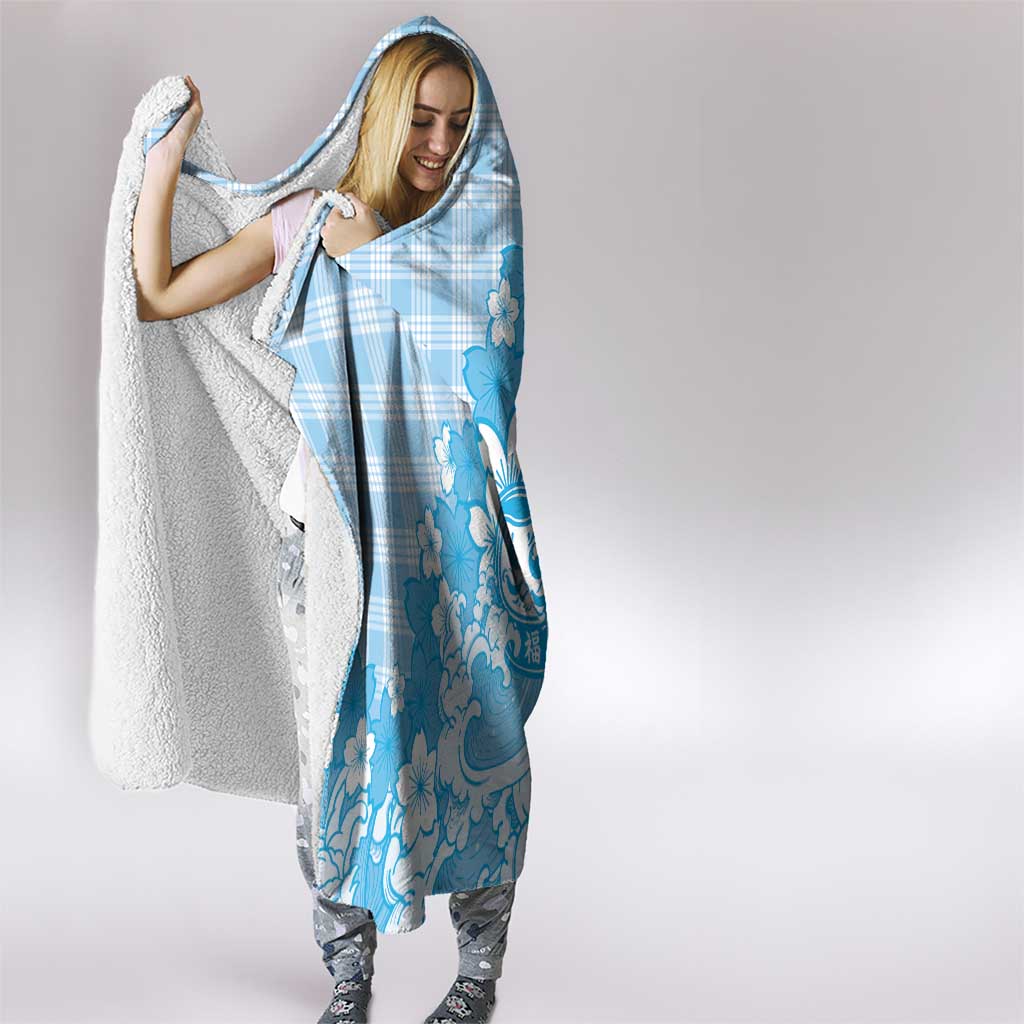 Blue Palaka Hawaiian And Japanese Hooded Blanket Maneki Neko And Sakura Bloom