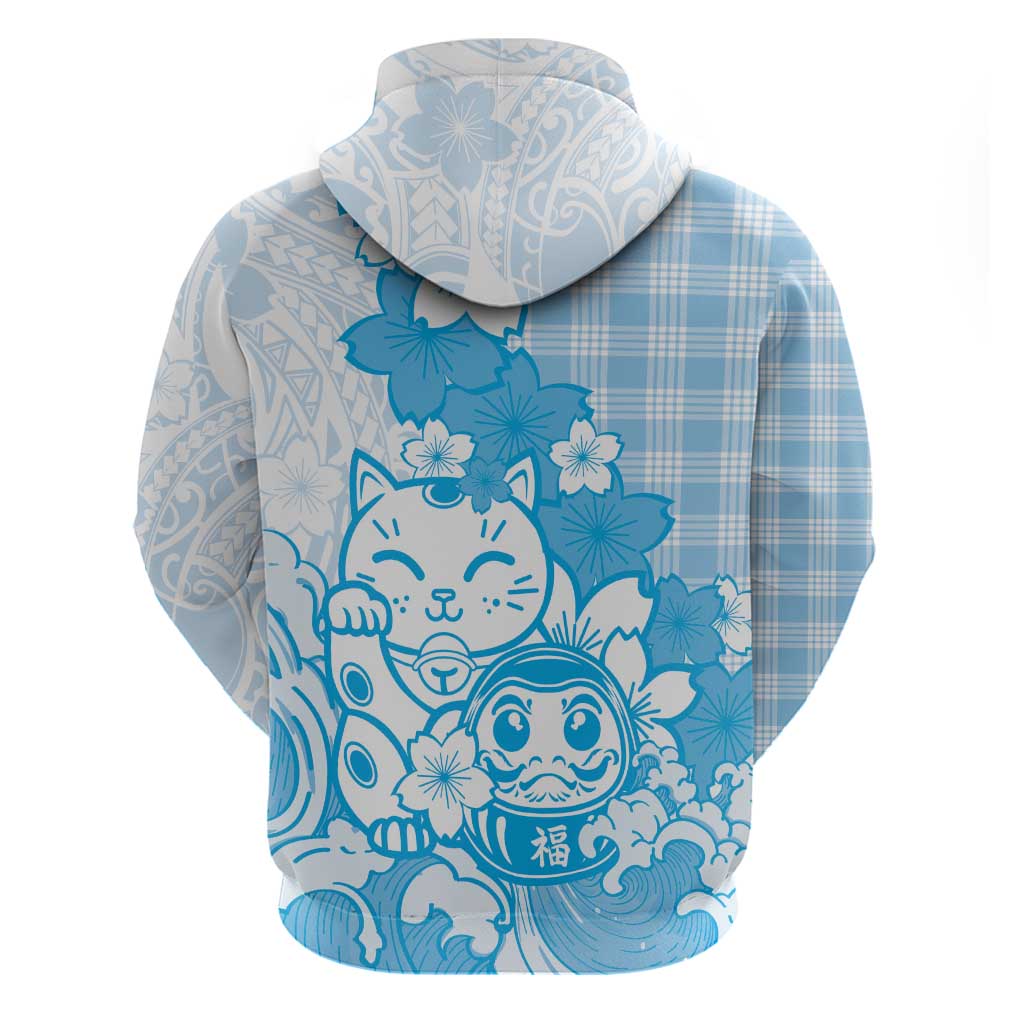 Blue Palaka Hawaiian And Japanese Hoodie Maneki Neko And Sakura Bloom