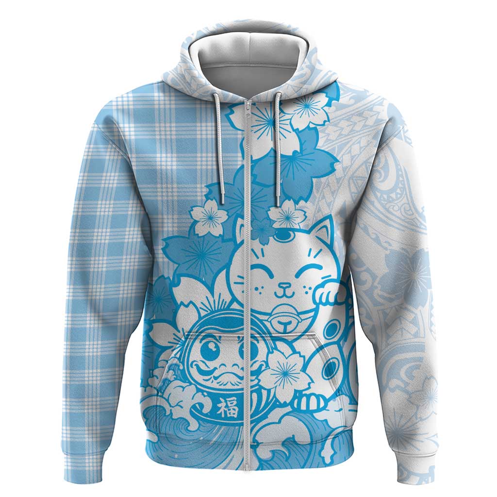 Blue Palaka Hawaiian And Japanese Hoodie Maneki Neko And Sakura Bloom